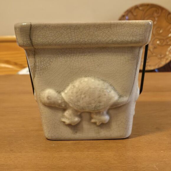 Other - Vintage Turtle Square Ceramic Crackle Glaze Planter Pot With Iron Hook Handle 5"